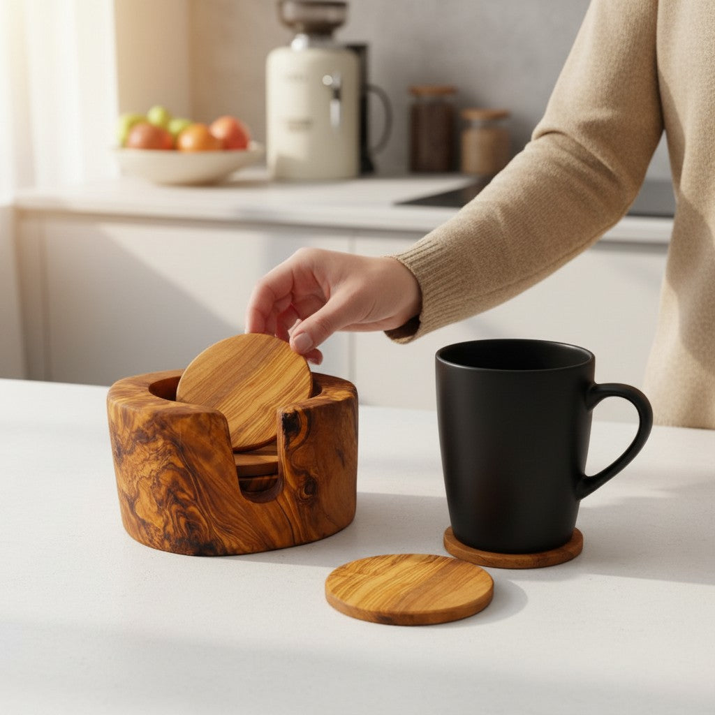 Handcrafted Olive Wood Coaster Set - Rustic Round Drink Coasters with Holder