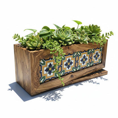 Olive Wood Handmade Wooden Planter with Tiles/Indoor and Outdoor Flower Box/Home and Garden