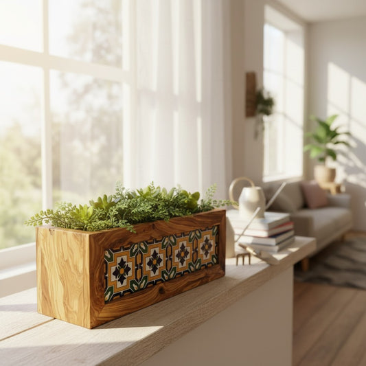 Olive Wood Handmade Wooden Planter with Tiles/Indoor and Outdoor Flower Box/Home and Garden