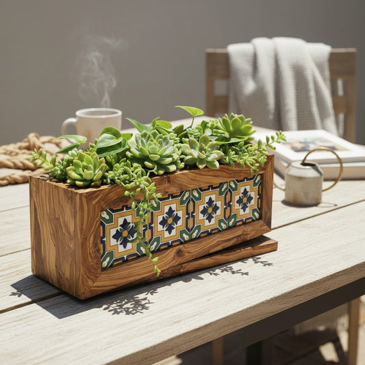 Olive Wood Handmade Wooden Planter with Tiles/Indoor and Outdoor Flower Box/Home and Garden