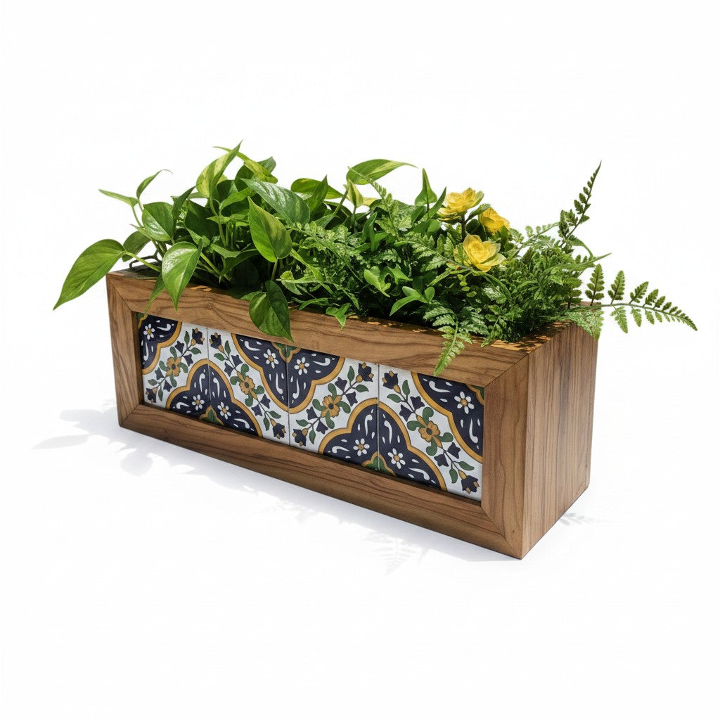 Olive Wood Handmade Wooden Planter with Tiles/Indoor and Outdoor Flower Box/Home and Garden