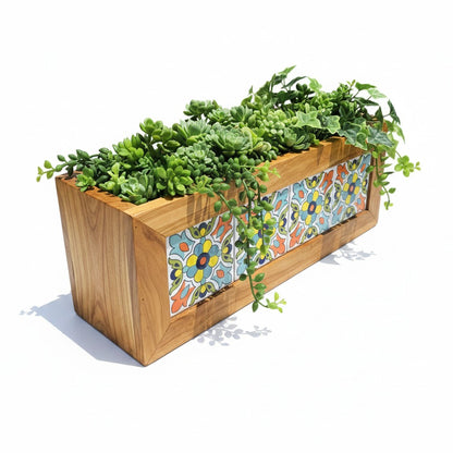 Olive Wood Handmade Wooden Planter with Tiles/Indoor and Outdoor Flower Box/Home and Garden