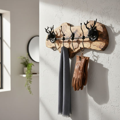 Rustic Live Edge Olive Wood Wall Coat Rack with Stag Head Accents