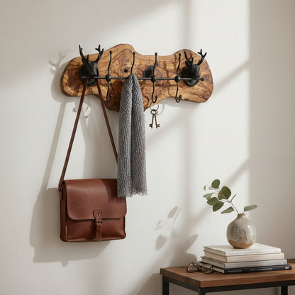 Rustic Live Edge Olive Wood Wall Coat Rack with Stag Head Accents
