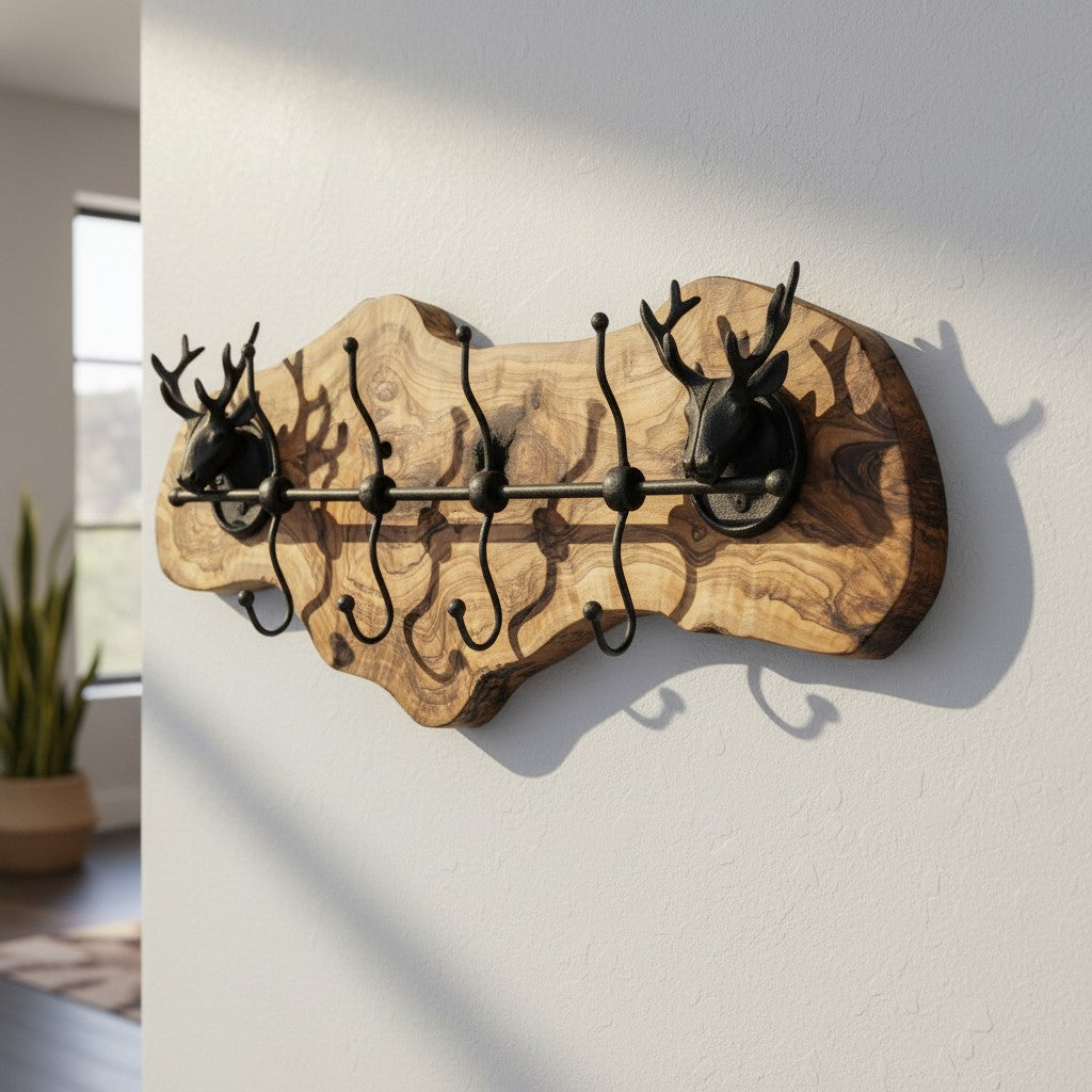 Rustic Live Edge Olive Wood Wall Coat Rack with Stag Head Accents