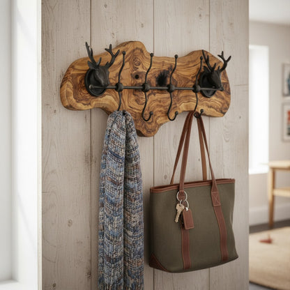 Rustic Live Edge Olive Wood Wall Coat Rack with Stag Head Accents