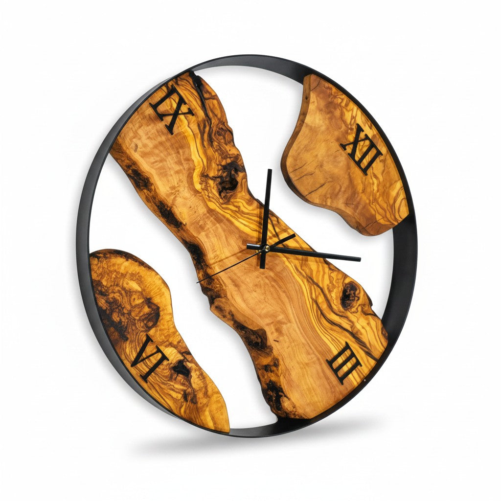 Minimalist Round Olive Wood Wall Clock | Luxury Metal Hoop Statement Clock