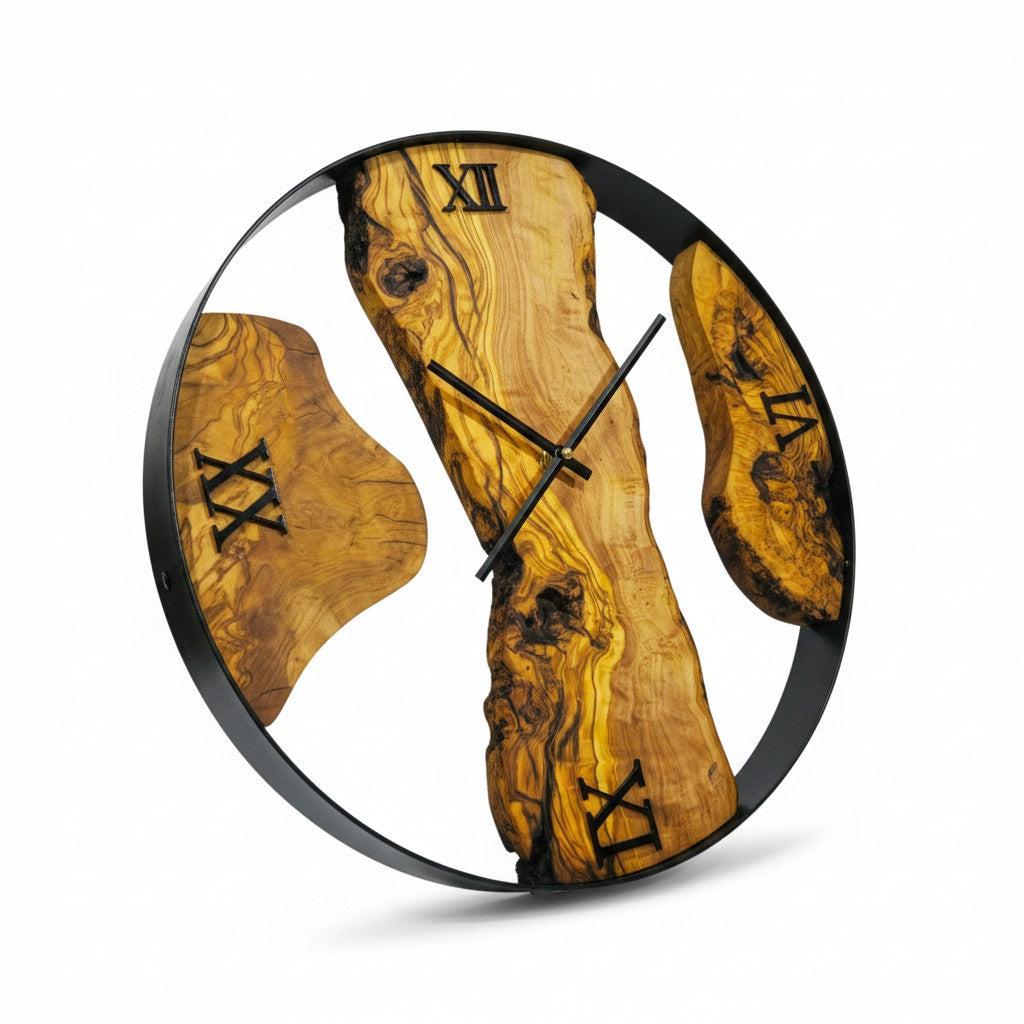 Minimalist Round Olive Wood Wall Clock | Luxury Metal Hoop Statement Clock