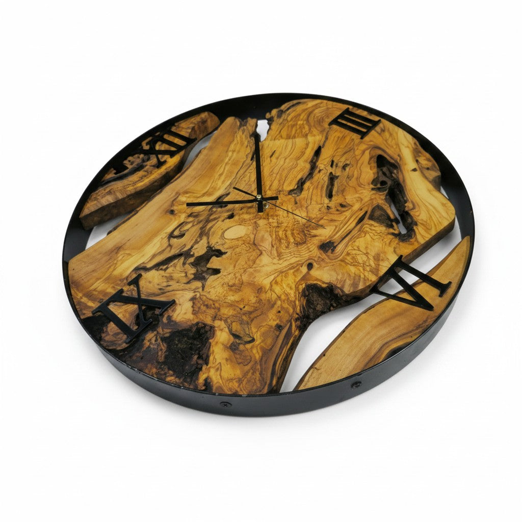 Minimalist Round Olive Wood Wall Clock | Luxury Metal Hoop Statement Clock