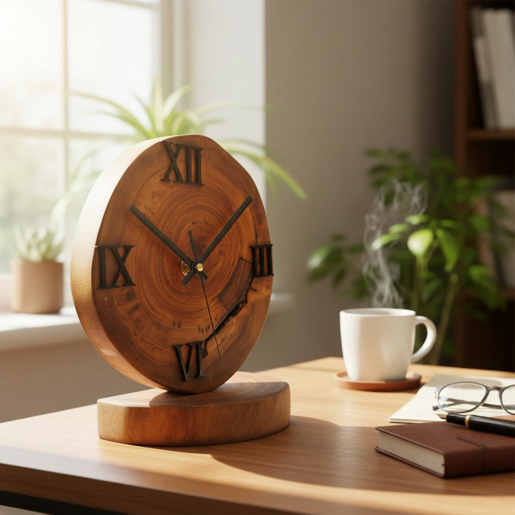 Handcrafted Wood Desk Clock | Luxury Live Edge Mantle Statement Clock