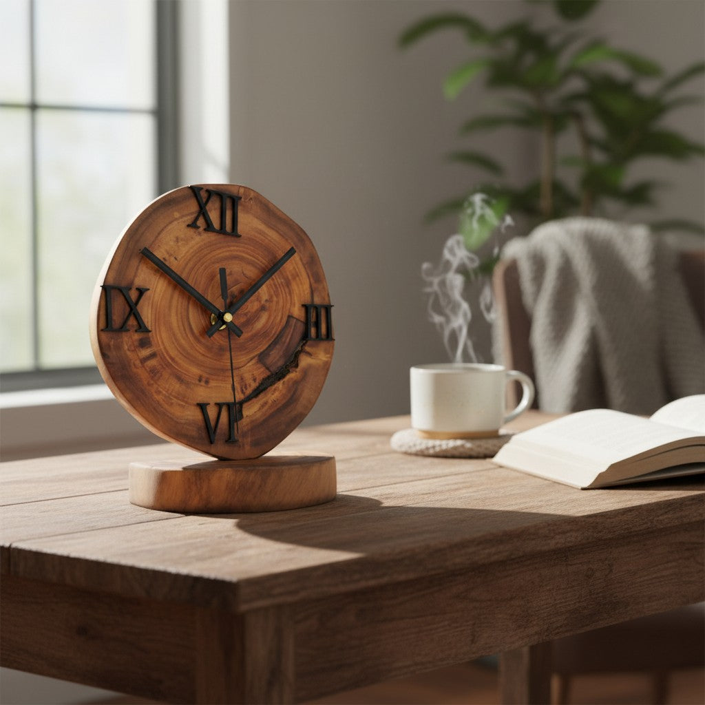 Handcrafted Wood Desk Clock | Luxury Live Edge Mantle Statement Clock