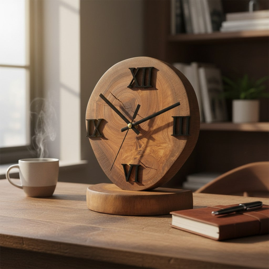 Handcrafted Wood Desk Clock | Luxury Live Edge Mantle Statement Clock