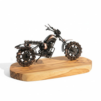 Industrial Steampunk Motorcycle Olive Wood Sculpture | Vintage Biker Desk Decor