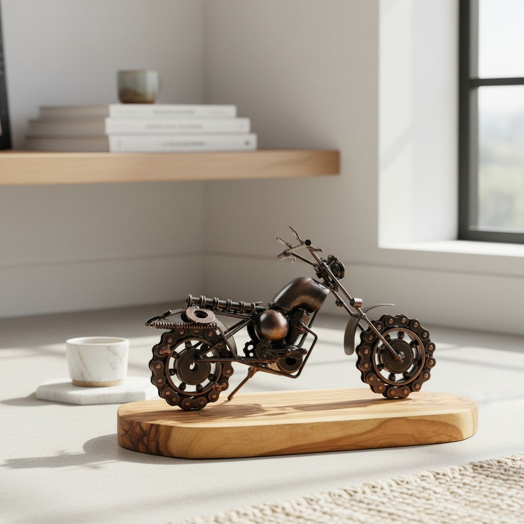 Industrial Steampunk Motorcycle Olive Wood Sculpture | Vintage Biker Desk Decor