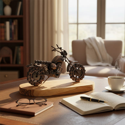 Industrial Steampunk Motorcycle Olive Wood Sculpture | Vintage Biker Desk Decor