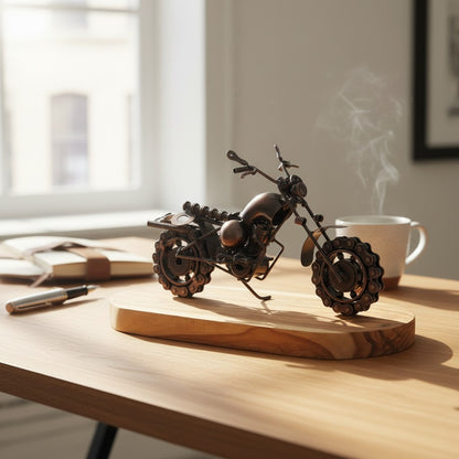 Industrial Steampunk Motorcycle Olive Wood Sculpture | Vintage Biker Desk Decor