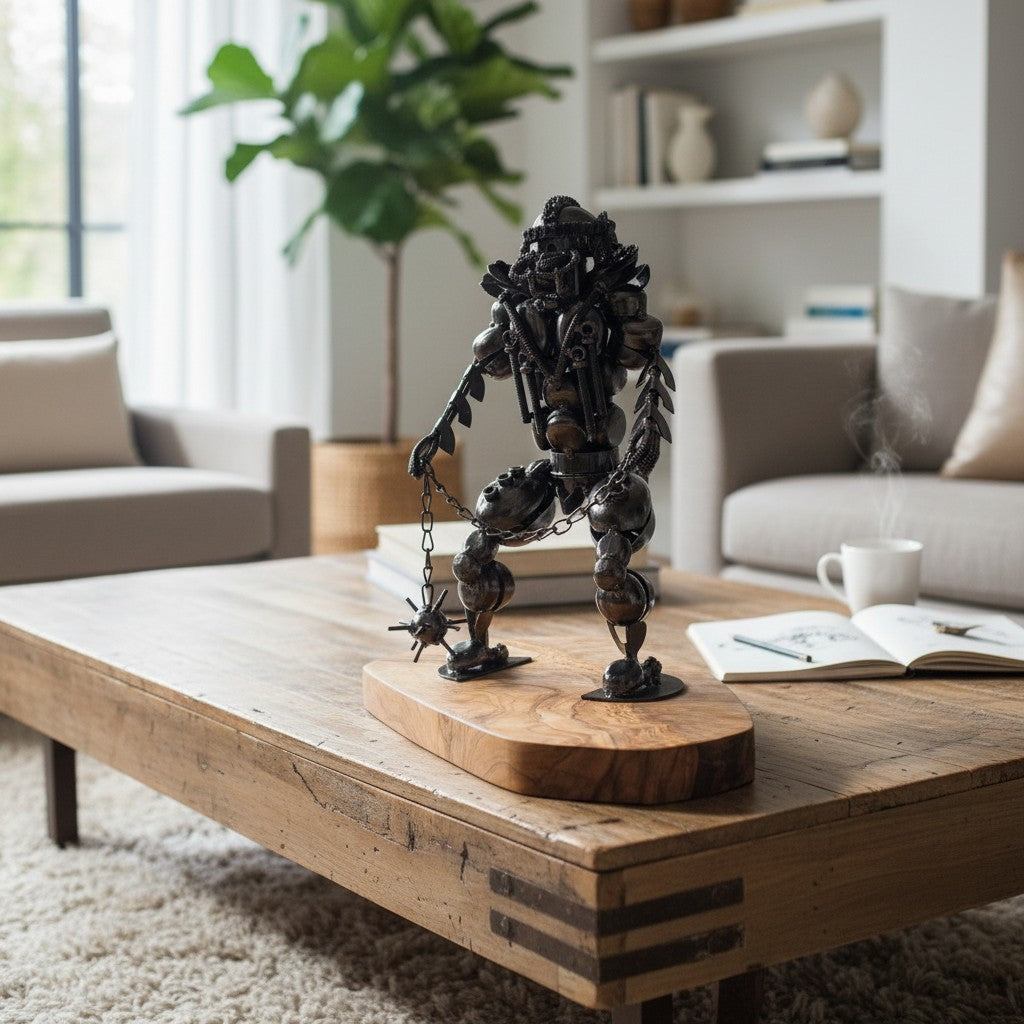 Industrial Steampunk Robot Gladiator Sculpture | Luxury Olive Wood Base Desk Art