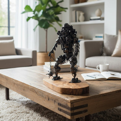 Industrial Steampunk Robot Gladiator Sculpture | Luxury Olive Wood Base Desk Art