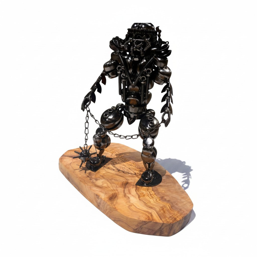 Industrial Steampunk Robot Gladiator Sculpture | Luxury Olive Wood Base Desk Art