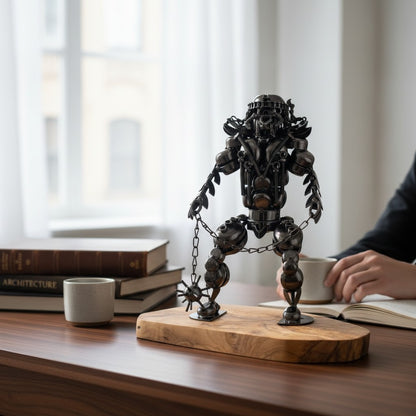 Industrial Steampunk Robot Gladiator Sculpture | Luxury Olive Wood Base Desk Art