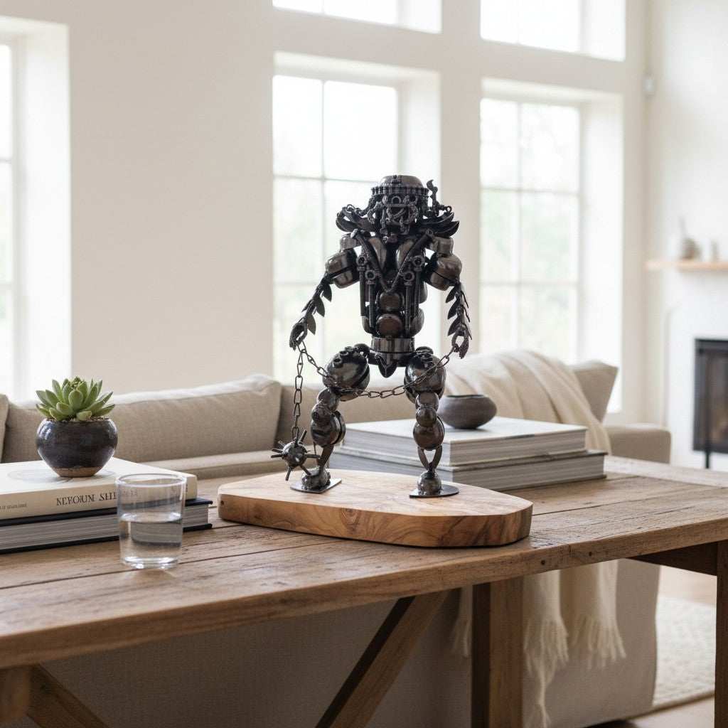 Industrial Steampunk Robot Gladiator Sculpture | Luxury Olive Wood Base Desk Art