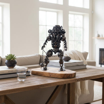 Industrial Steampunk Robot Gladiator Sculpture | Luxury Olive Wood Base Desk Art