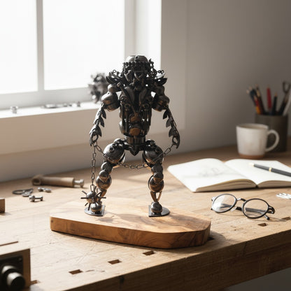 Industrial Steampunk Robot Gladiator Sculpture | Luxury Olive Wood Base Desk Art