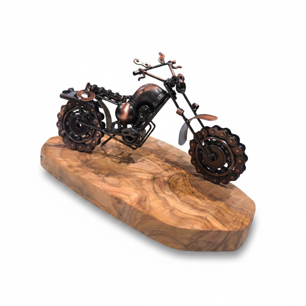 Industrial Steampunk Motorcycle Olive Wood Sculpture | Vintage Biker Desk Decor