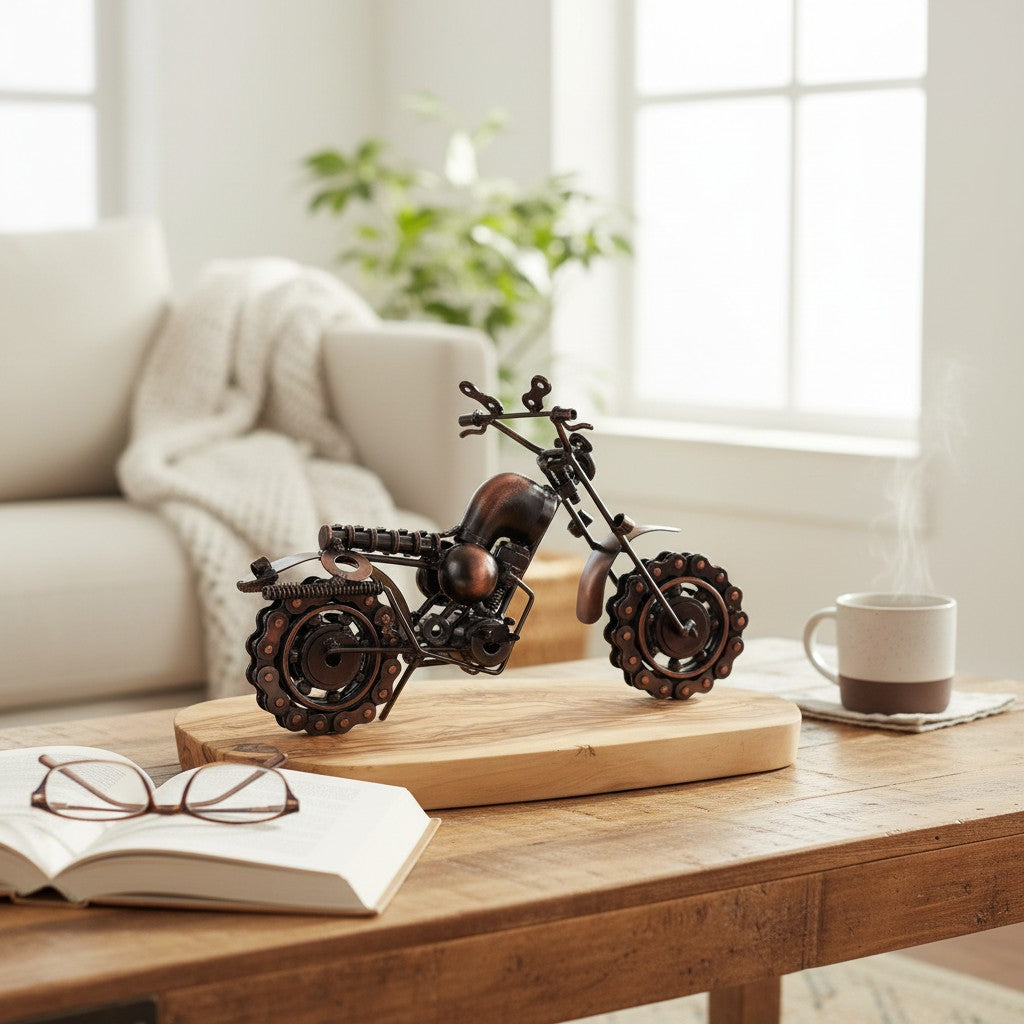 Industrial Steampunk Motorcycle Olive Wood Sculpture | Vintage Biker Desk Decor