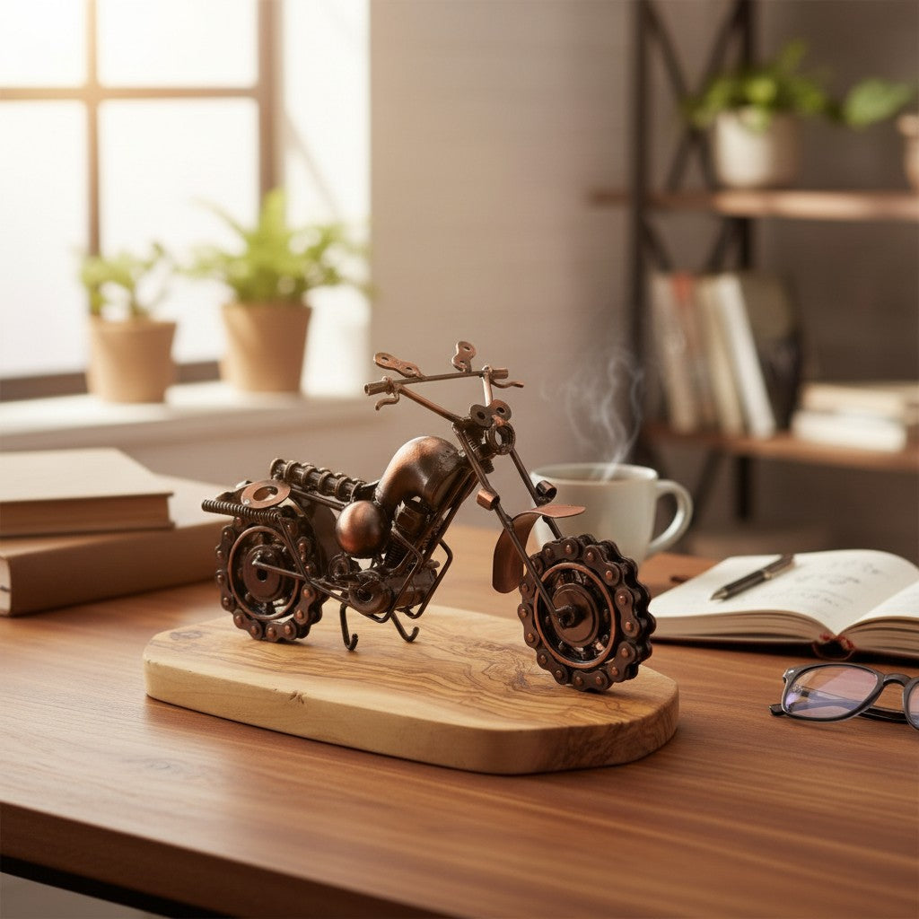 Industrial Steampunk Motorcycle Olive Wood Sculpture | Vintage Biker Desk Decor