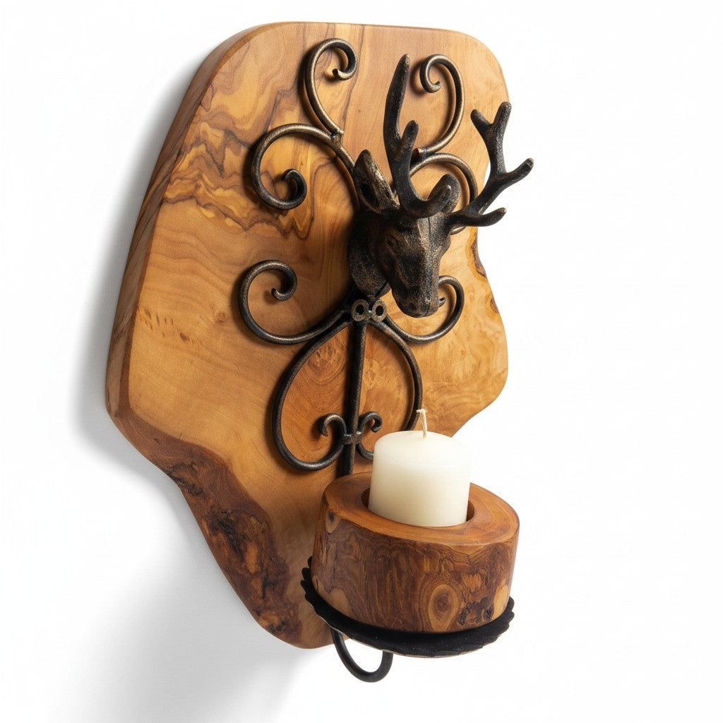 Rustic Olive Wood Stag Candle Holder Wall Sconce | Luxury Live Edge Deer Decor