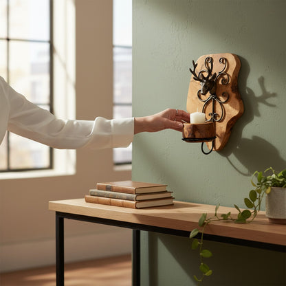 Rustic Olive Wood Stag Candle Holder Wall Sconce | Luxury Live Edge Deer Decor