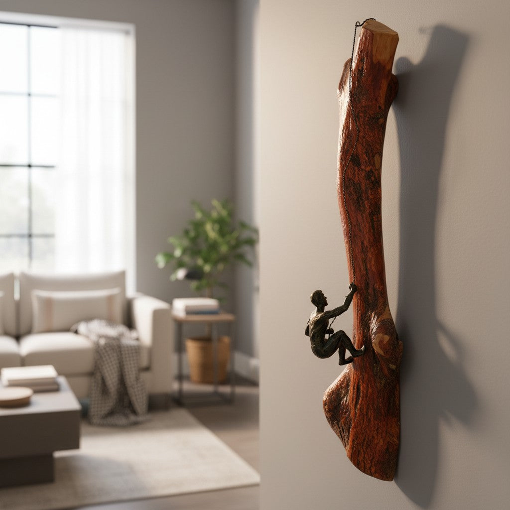 Luxury Wood Rock Climber Wall Art | 3D Cast Iron Climbing Man Sculpture