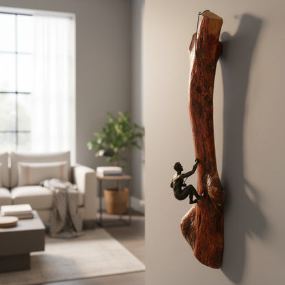 Luxury Wood Rock Climber Wall Art | 3D Cast Iron Climbing Man Sculpture