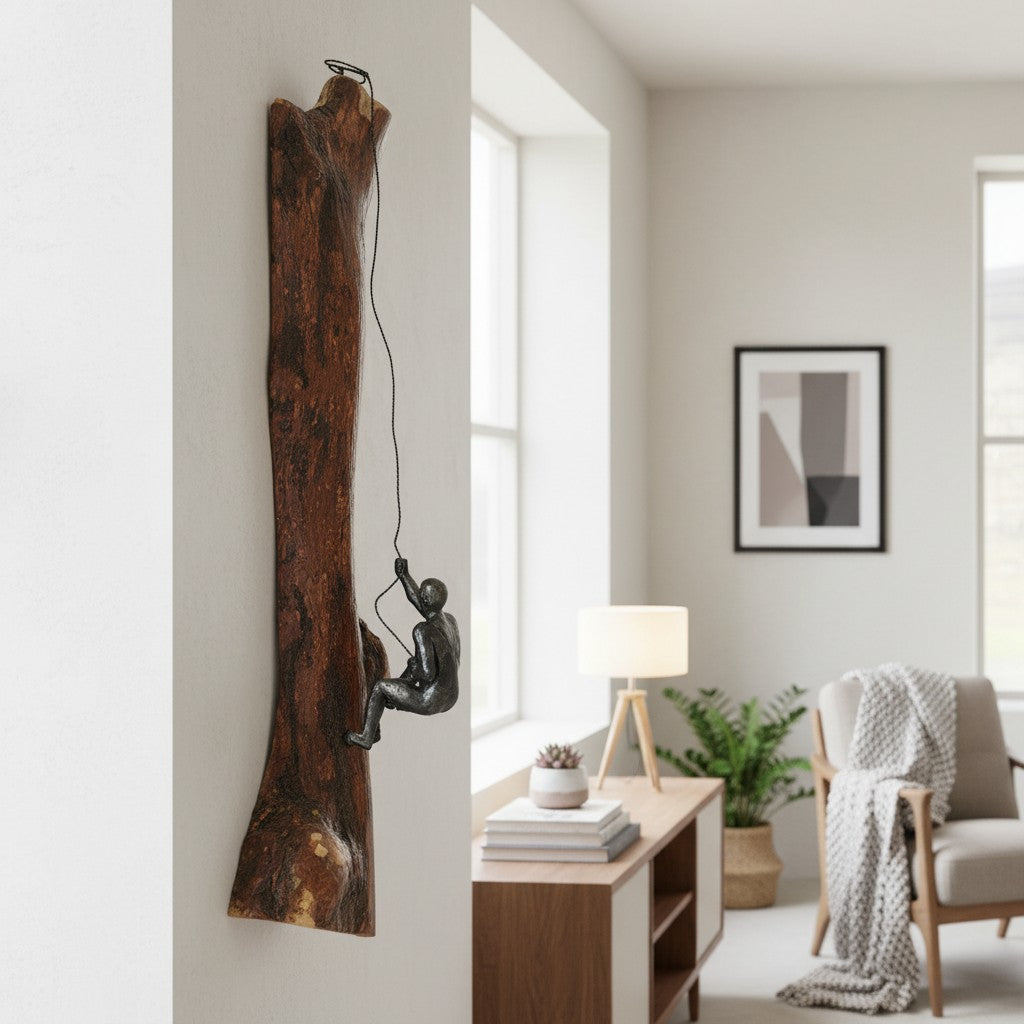 Luxury Wood Rock Climber Wall Art | 3D Cast Iron Climbing Man Sculpture