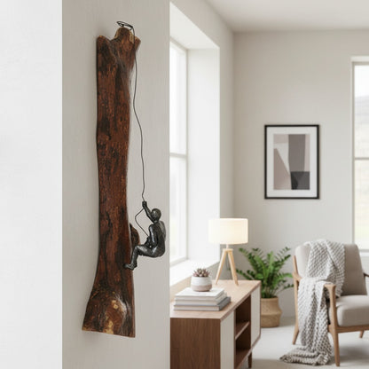 Luxury Wood Rock Climber Wall Art | 3D Cast Iron Climbing Man Sculpture