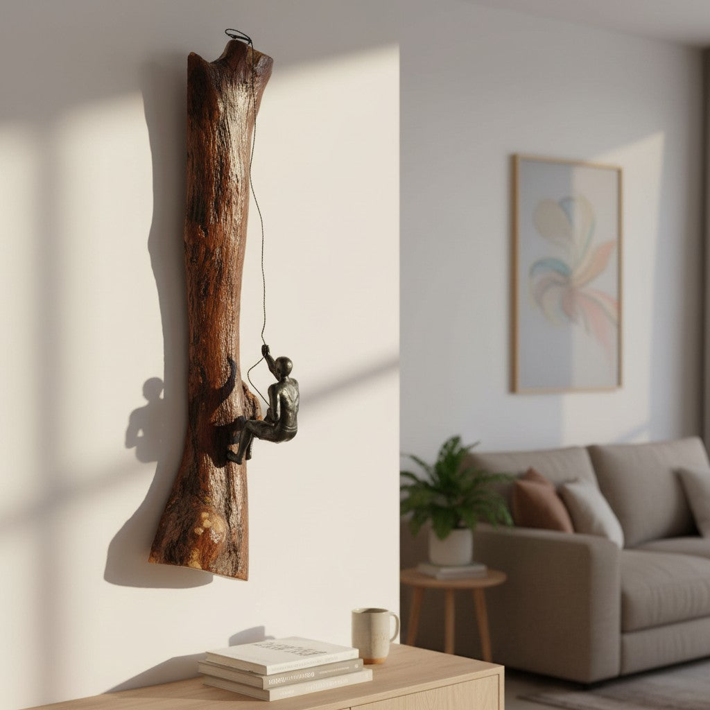 Luxury Wood Rock Climber Wall Art | 3D Cast Iron Climbing Man Sculpture
