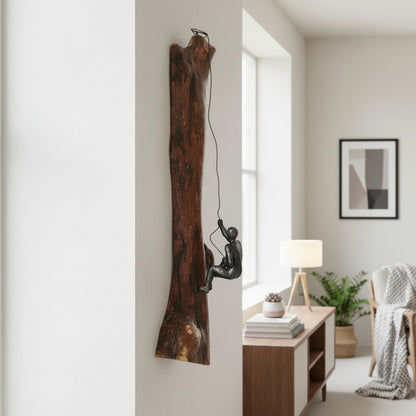 Luxury Wood Rock Climber Wall Art | 3D Cast Iron Climbing Man Sculpture