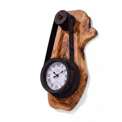 Industrial Pulley Belt Olive Wood Wall Clock | Steampunk Mechanical Statement Clock