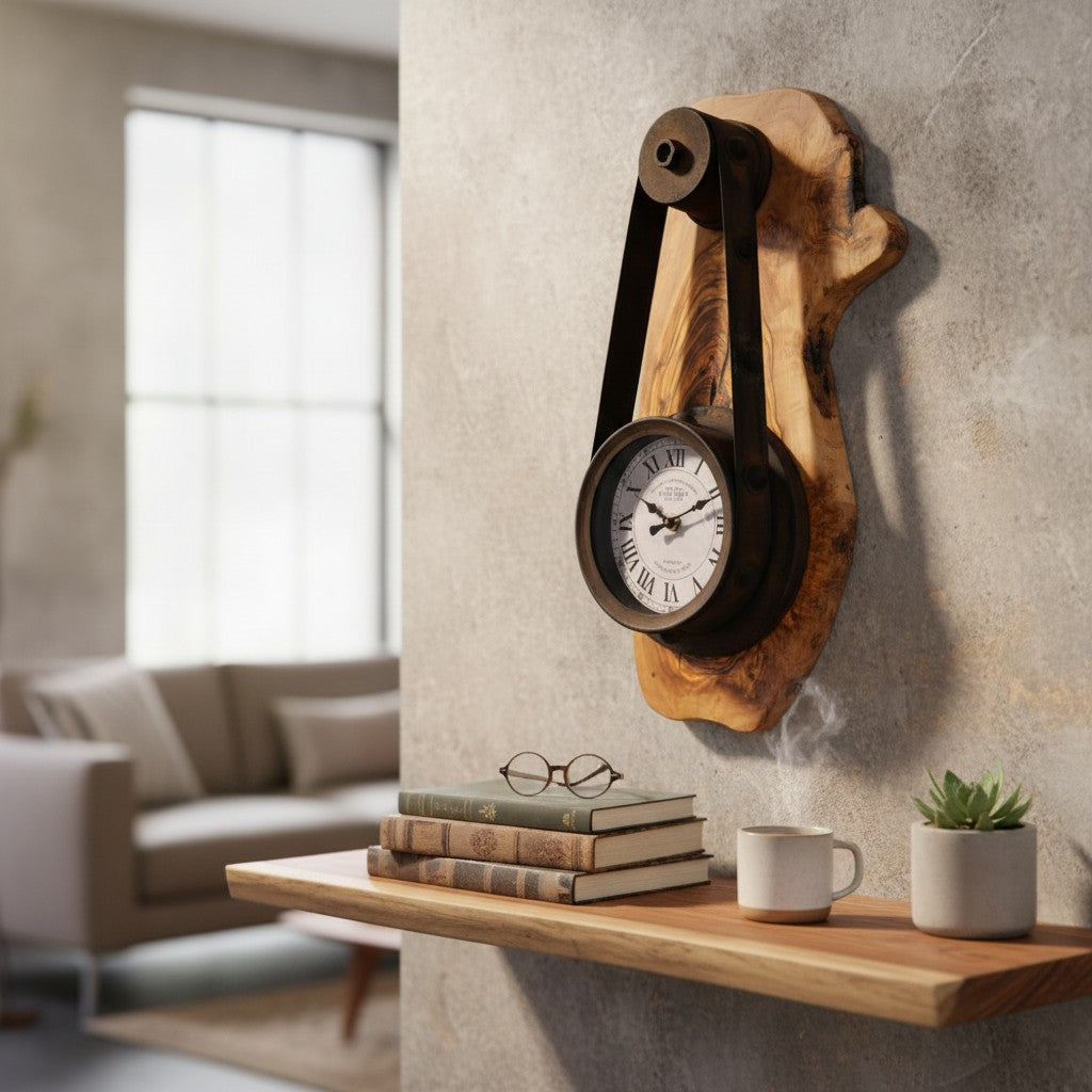 Industrial Pulley Belt Olive Wood Wall Clock | Steampunk Mechanical Statement Clock