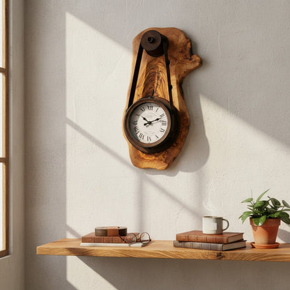 Industrial Pulley Belt Olive Wood Wall Clock | Steampunk Mechanical Statement Clock