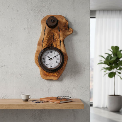 Industrial Pulley Belt Olive Wood Wall Clock | Steampunk Mechanical Statement Clock