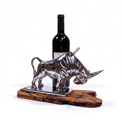Wall Street Charging Bull Wine Bottle Holder | Luxury Olive Wood Base Bar Decor