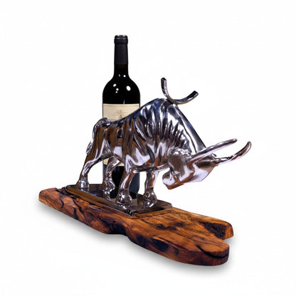 Wall Street Charging Bull Wine Bottle Holder | Luxury Olive Wood Base Bar Decor