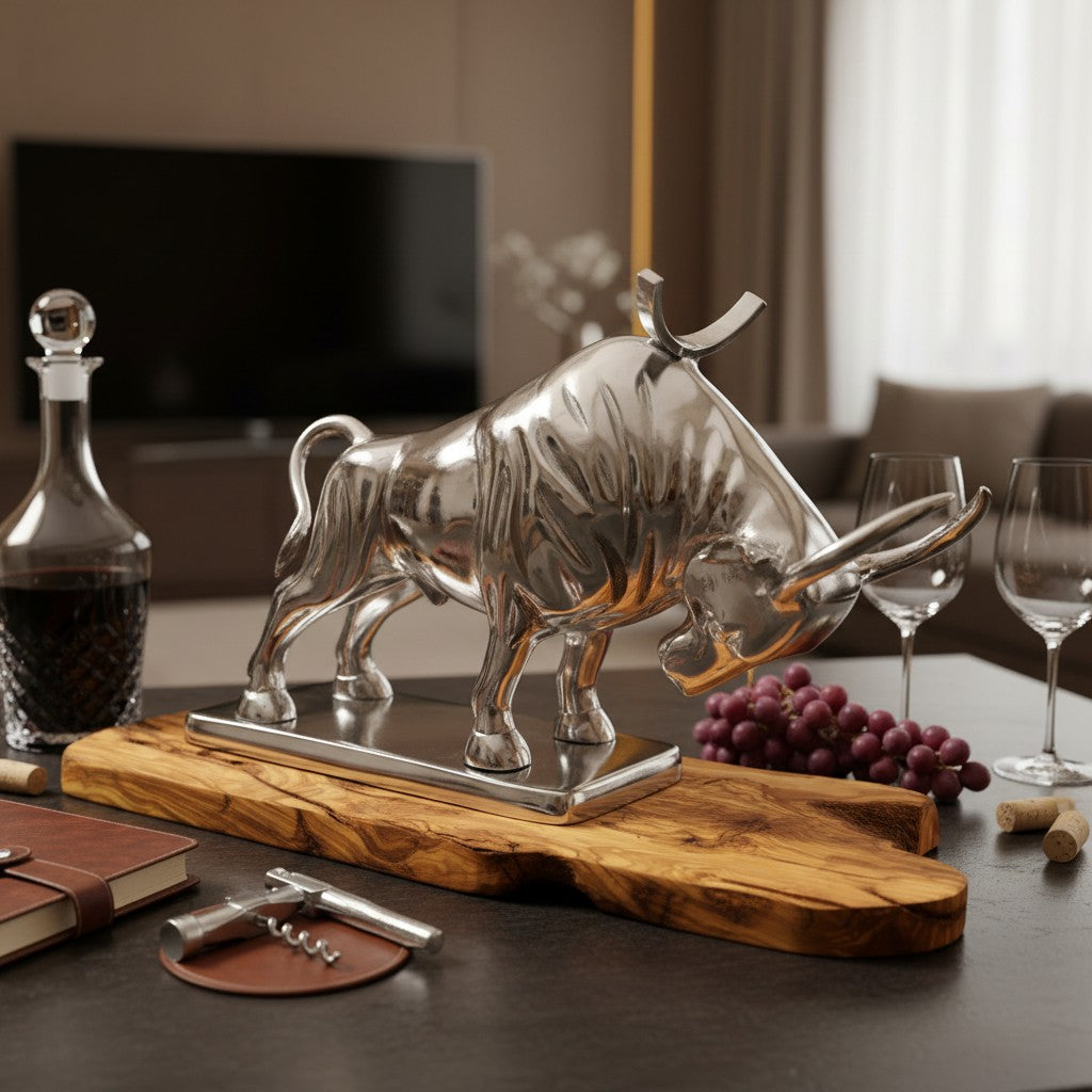 Wall Street Charging Bull Wine Bottle Holder | Luxury Olive Wood Base Bar Decor