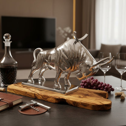 Wall Street Charging Bull Wine Bottle Holder | Luxury Olive Wood Base Bar Decor
