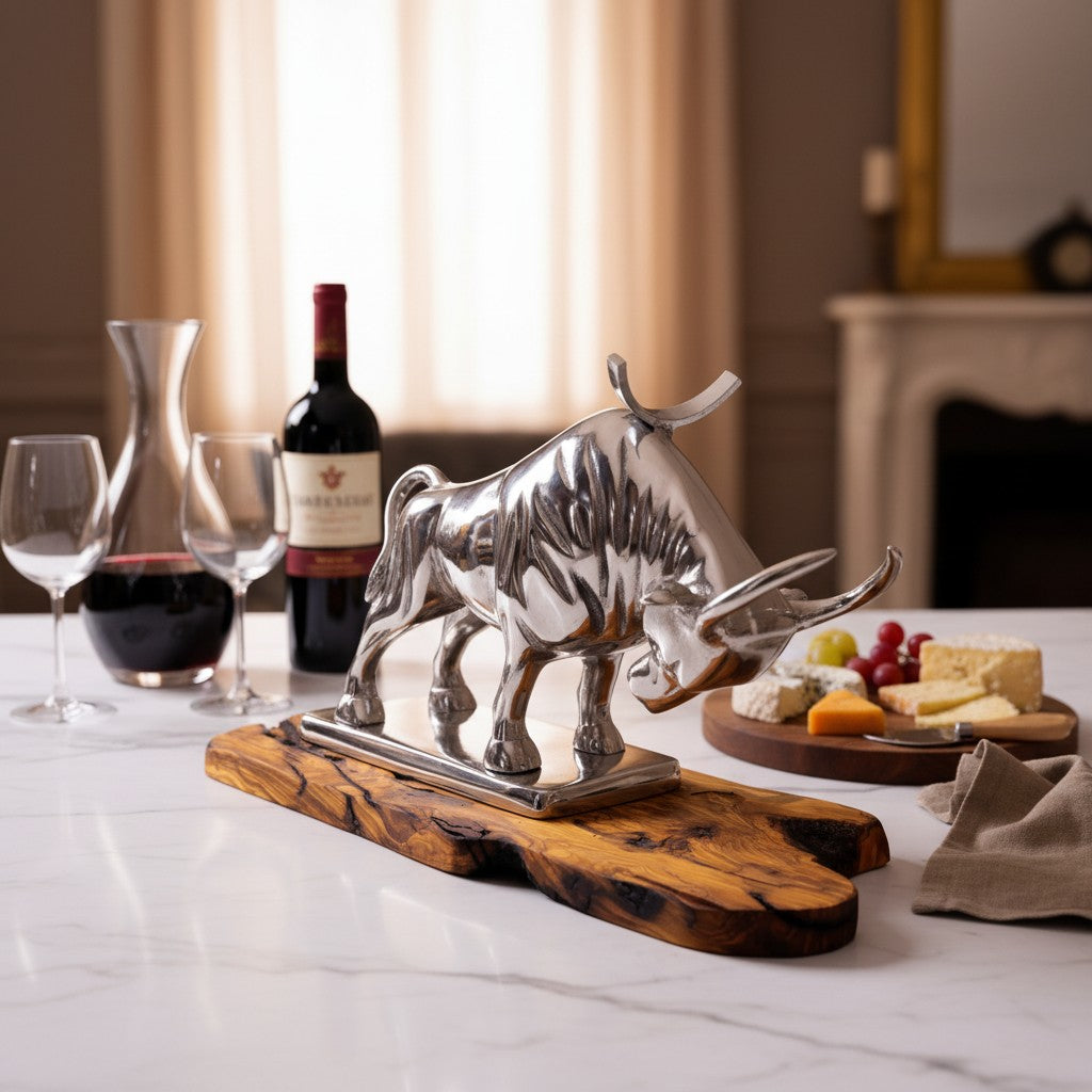 Wall Street Charging Bull Wine Bottle Holder | Luxury Olive Wood Base Bar Decor