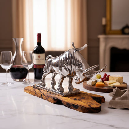 Wall Street Charging Bull Wine Bottle Holder | Luxury Olive Wood Base Bar Decor