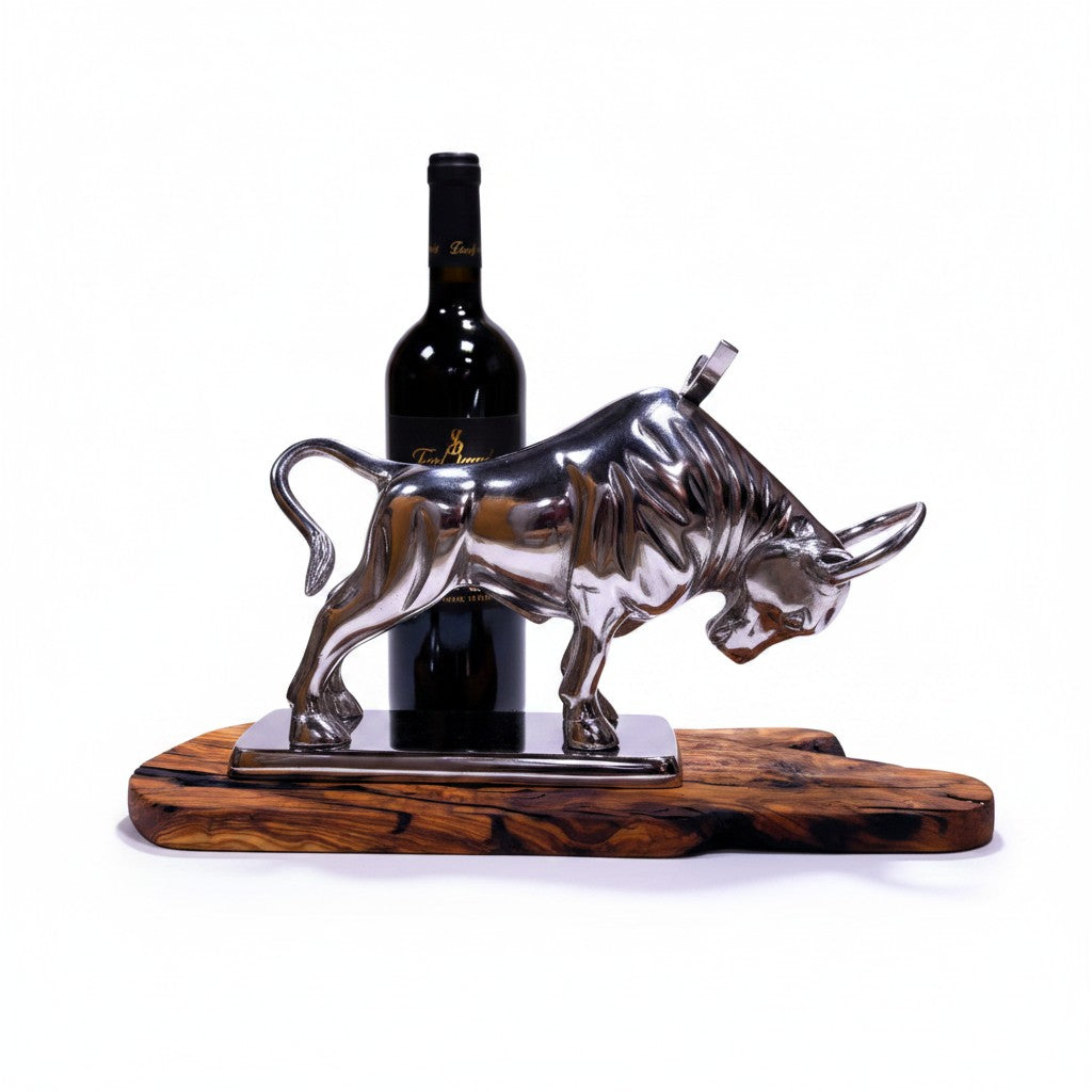 Wall Street Charging Bull Wine Bottle Holder | Luxury Olive Wood Base Bar Decor
