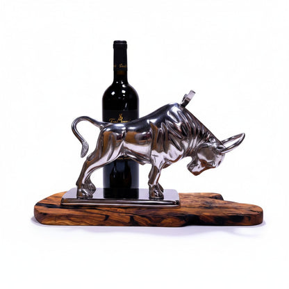 Wall Street Charging Bull Wine Bottle Holder | Luxury Olive Wood Base Bar Decor